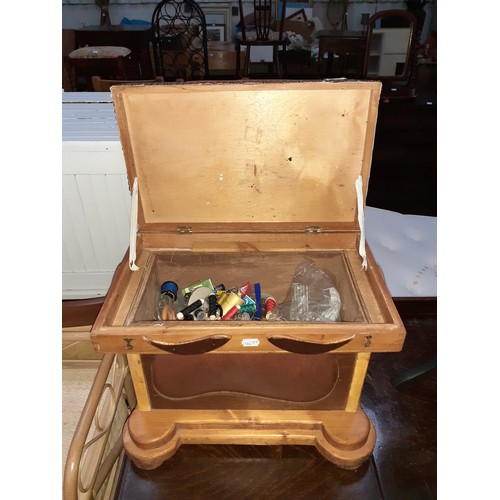 546 - Pine, Hinge Lid Sewing Box Stool & Contents.