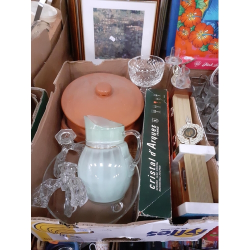 148 - Box to Include Glass Candlesticks, Terracotta Ovenware Lidded Pot, Boxed Crystal Glasses etc.