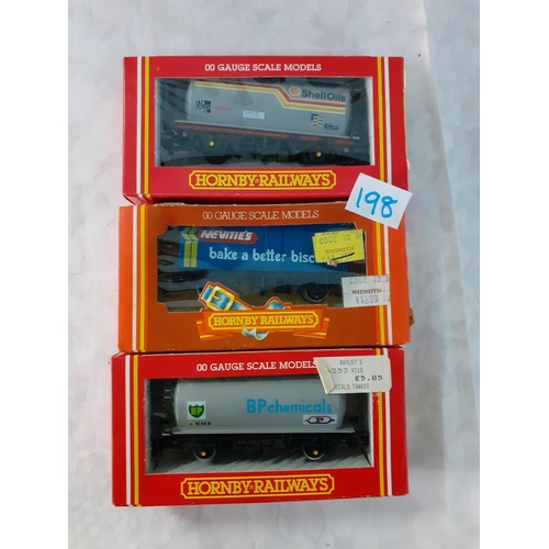 198 - Three Boxed Hornby Railways 00 Gauge Trucks - BP Chemicals Tank Wagon R.218, McVities Biscuits’ Clos... 