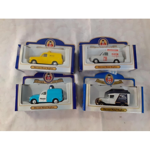 199 - Four Boxed Oxford Die Cast Metal Replicas- Morris 1000 Police, AA Service, DER Television Rentals & ... 