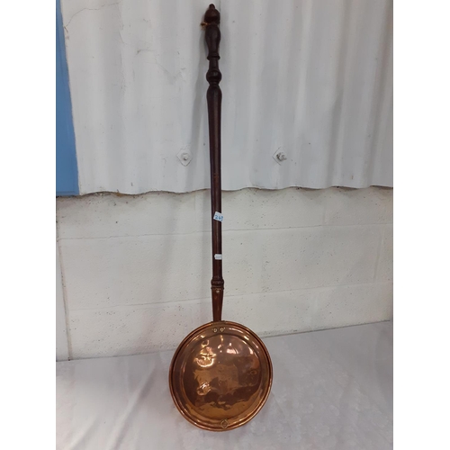 243 - Long Mahogany Handled Copper Bed Warmer.