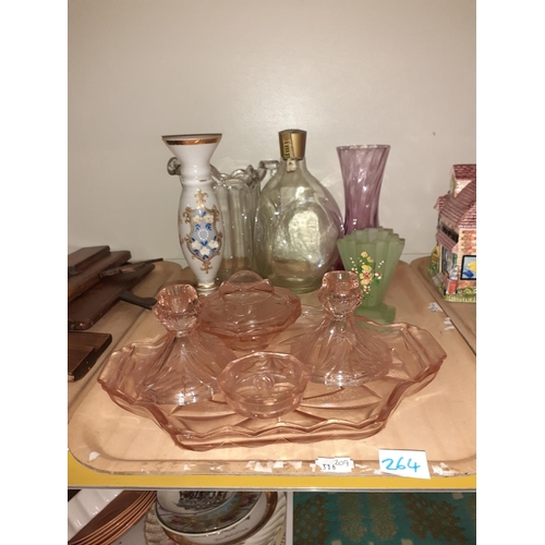 264 - Tray of Colourful Glassware to Include Peach Glass Dressing Table Set & Vases etc.