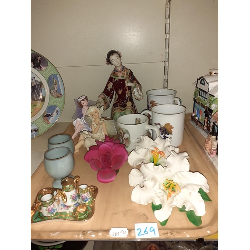 269 - Tray of Figures, Mugs, Capodimonte Floral Posy, Miniature Limoges Tea Set on Tray etc.