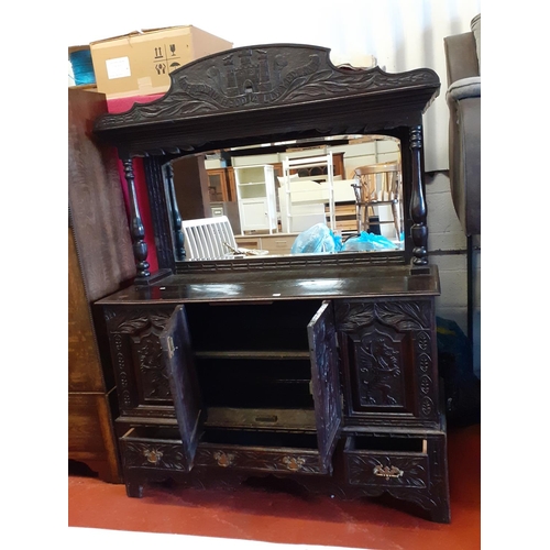 623 - Heavy Carved Dark Oak Welsh Mirror Back Sideboard 