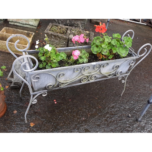 663 - Cast Iron Flower Trough Stand with Tray & Geraniums.