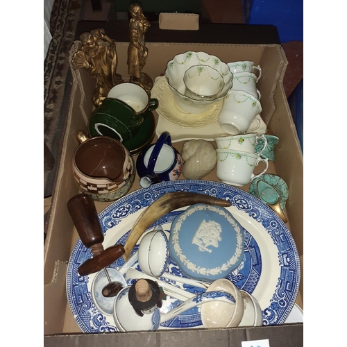 69 - Box of China, Blue & White Meat Plate, Cups, Plates etc.