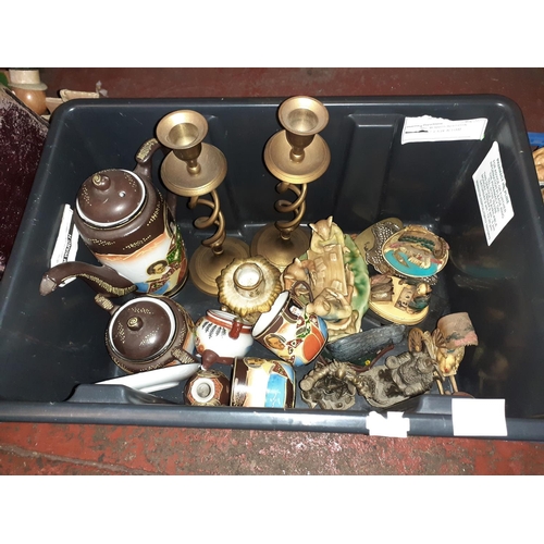 33 - Box to Include Oriental China, Brass Candlesticks, Figures etc.