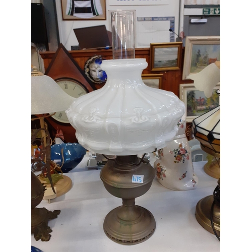 475 - Plated Oil Lamp with Chimney & Glass Shade.