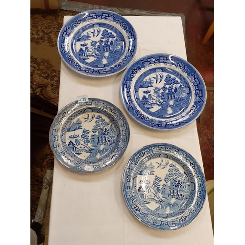 478 - Four Blue & White Willow Pattern Plates.