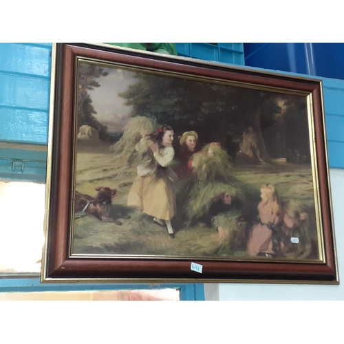 491 - Framed Picture of Children Playing in Hay.