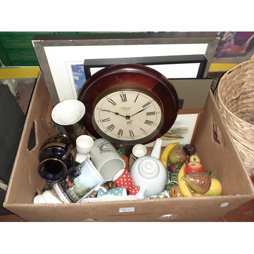 50 - Box of China, Pictures, Wall Clock, Mugs etc.