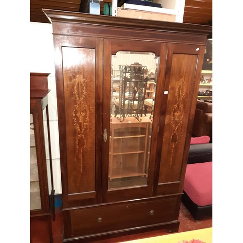 526 - Large Mahogany Single Mirrored Door Wardrobe with Inlaid Side Panels Over Single Drawer.