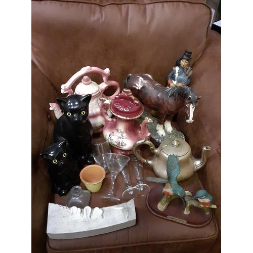 1 - Box to Include Large Teapots, Cat Figures, Horse Figure etc.