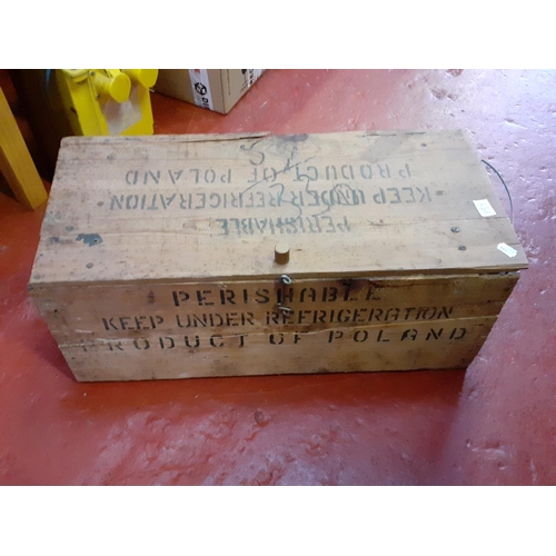 153 - Vintage Wooden Crate, Enameled Cooking Pot and Large Metal Cash Tin.