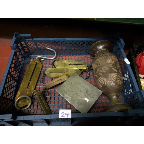 24 - 5 Salter Scales, Pewter Lidded Box and Wooden Vase.