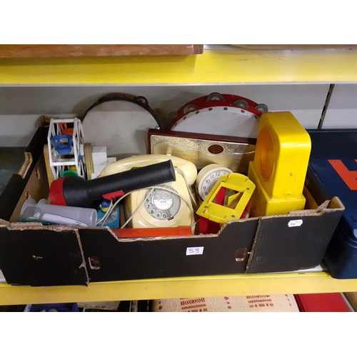 53 - Box to Include Tambourines, Vintage Dial Telephone etc.