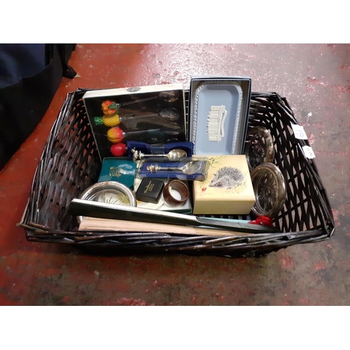 61 - Wicker Basket & Quantity of Boxed Items including Wedgwood Jasper Ware Tray, Spoons etc.