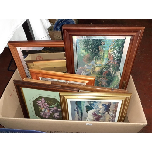 72 - Box of Framed Cross Stitch, Decoupage Picture, Print and Mirror.