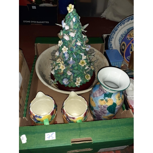 75 - A Box to Include a Humming Bird Christmas Tree, Pair of Fruit Jugs and a Vintage Washing Bowl.