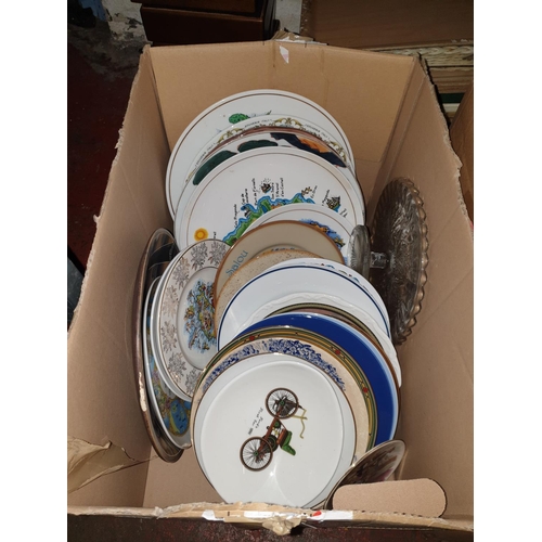 105 - Box of Plates Includes Glass Cake Stand.