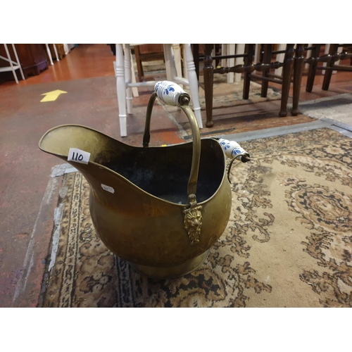 110 - Vintage Brass Helmet Coal Scuttle with Ceramic Handles.