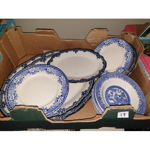 17 - Box of Blue & White Willow Pattern Bowls, Platters etc.