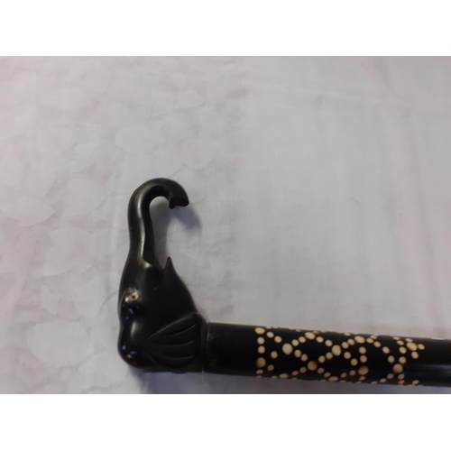 221 - Walking Stick with Ebony Inlaid Elephant Head (one tusk missing) and One Other Promenading Cane.