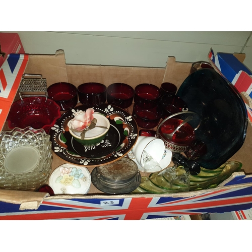 23 - Box of Colourful Glasses, China, Plated Coasters etc.