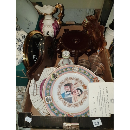 24 - Box to Include Coasters, Carnival Glass Bowl, Bellows, Caverswell Commemorative Plate with Certifica... 