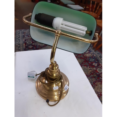 261 - Brass Lamp with Green Shade on Plinth.