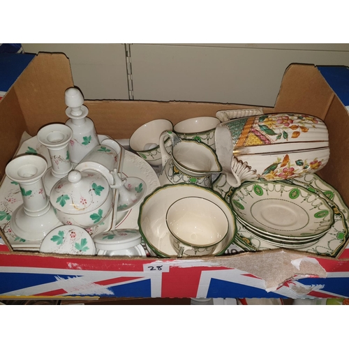 28 - Box of Assorted China to Include Dressing Table Set and Royal Doulton Part Tea Set.