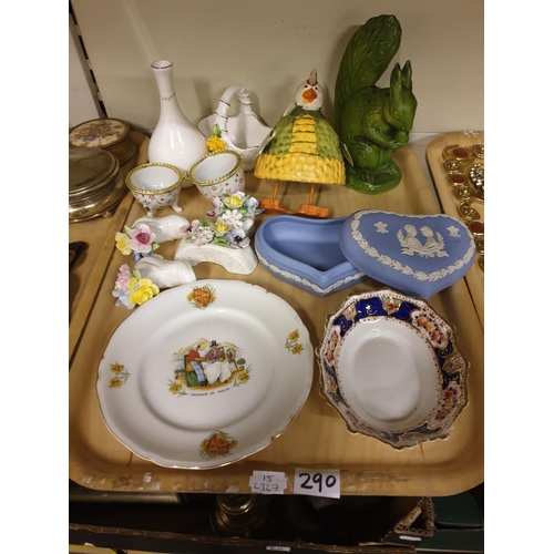 290 - Tray of China to Include Royal Albert Dish, Wedgwood Jasper Ware Lidded Pot, Flower Posies etc.