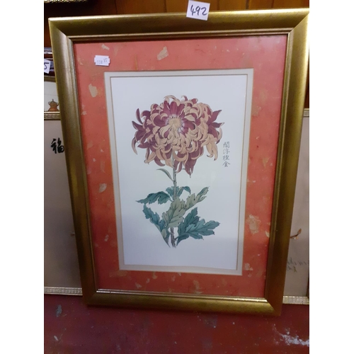 492 - Two Oriental Silk Pictures & Framed Print 