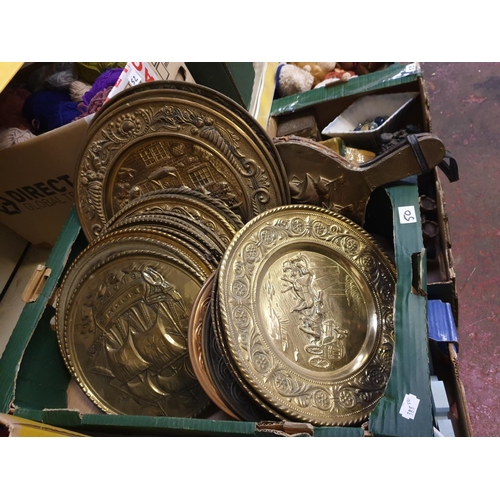 50 - Large Quantity of Brass Wall Plaques & Pair of Brass Bellows.