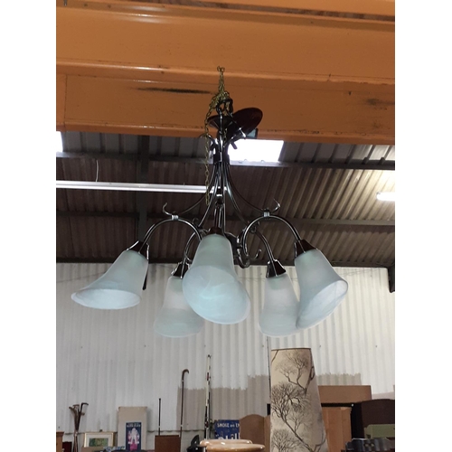 515 - 5 Branch Brushed Chrome Chandelier with Glass Shades.