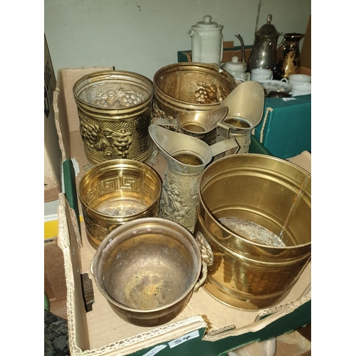 54 - Box of Brass Jardinieres and Jugs.