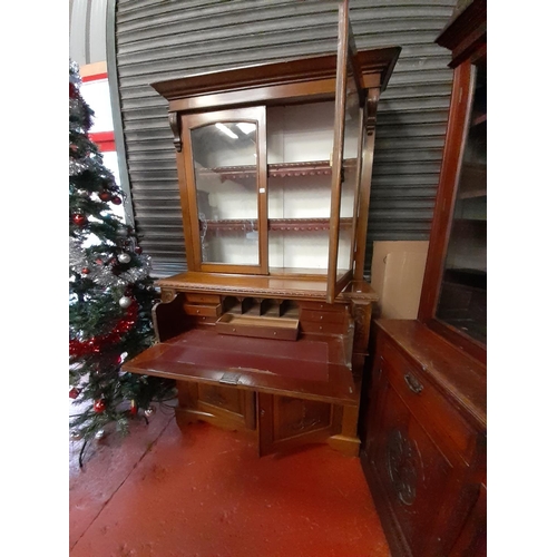 553 - Solid Medium Oak Secretaire Bookcase Over Double Cupboard.