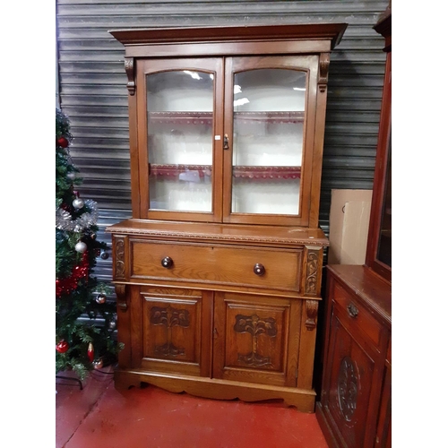 553 - Solid Medium Oak Secretaire Bookcase Over Double Cupboard.