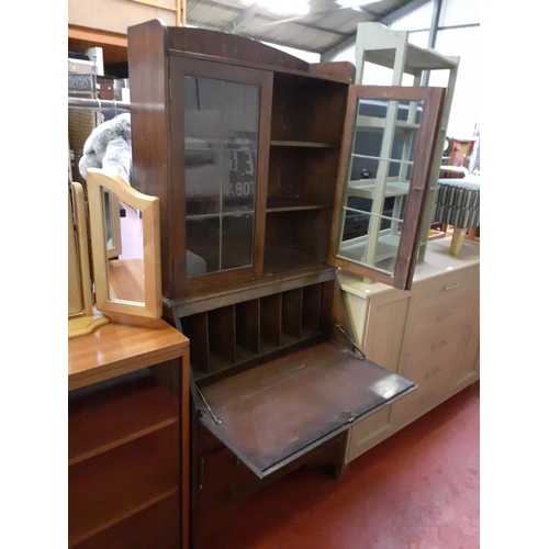 635 - Glazed Top Mahogany Writing Bureau Bookcase Over 3 Drawers.