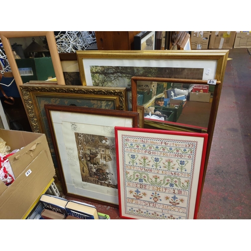 64 - Selection of Assorted Framed Pictures, Cross Stitch & Mirrors.