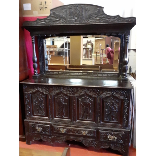 650 - Heavy Carved Dark Oak Welsh Mirror Back Sideboard 