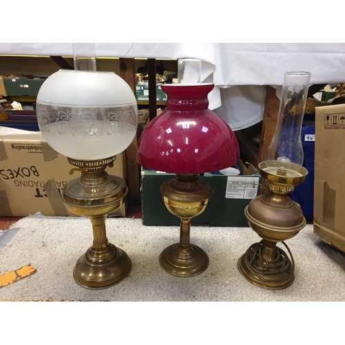 95 - Two Brass Double Burner Oil Lamps with Chimneys & Shades & Converted Oil Lamp Base with Chimney.