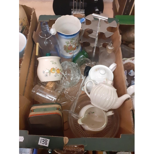 138 - Box of Tea Pots, Glassware, Jugs, Plated Stand etc.