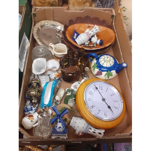 141 - Box to Include Wooden Bowls, Wall Clock, Jugs, Teapot, China etc.