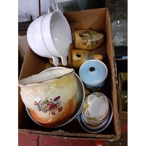 3 - Box of China, Wooden Clogs, Jardinière etc.