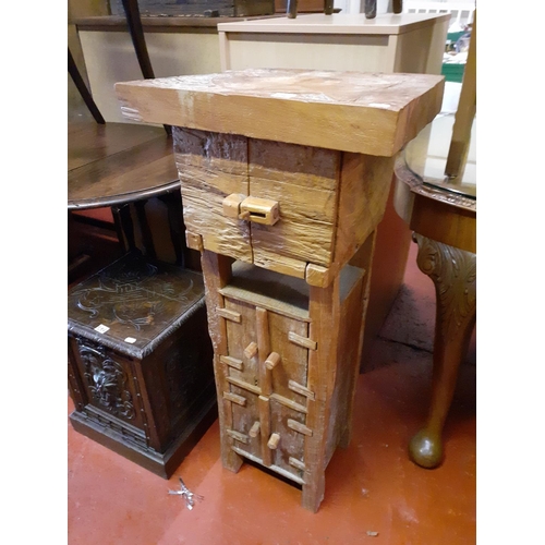 581 - Solid Rustic Oak (possibly made from one piece) Unit with Three Cupboards, One Shelf & Fish Carving ... 