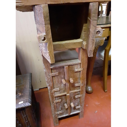 581 - Solid Rustic Oak (possibly made from one piece) Unit with Three Cupboards, One Shelf & Fish Carving ... 