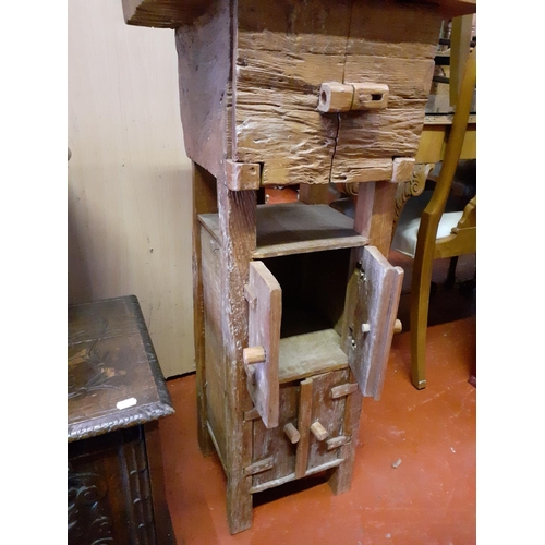 581 - Solid Rustic Oak (possibly made from one piece) Unit with Three Cupboards, One Shelf & Fish Carving ... 