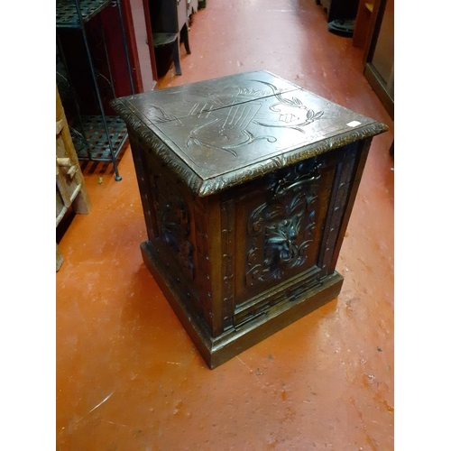 582 - Oak Carved Coal Box with Original Lead Lining.