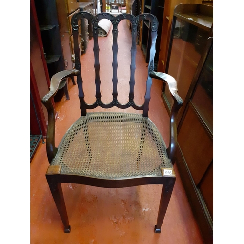 583 - Mahogany Bergiere Seated, Elbow Carver Chair.